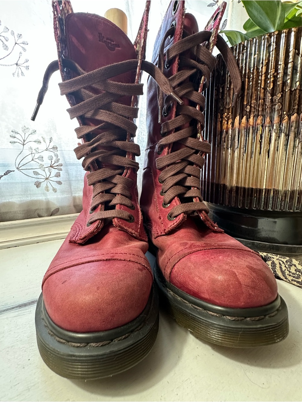 Dr. Martens Triumph 1914 Burgundy Suede Lace-Up Boots w/ Floral Fold-down Liner